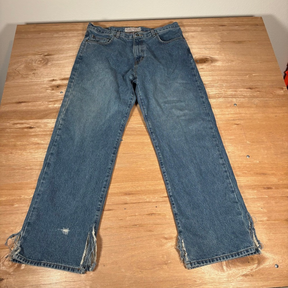 Bullhead Loose Fit Jeans Mens 34x32 Medium Wash‎ Distressed Slit Hem Denim